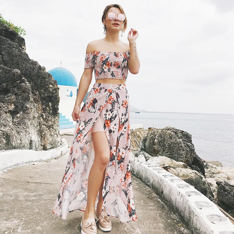 Uit Schouder Jurk Bloemen Maxi Zomer Bohemien Strand jurk Lange Boho Asymmetrische Feestjurk Twee Set Robe Longue Femme |