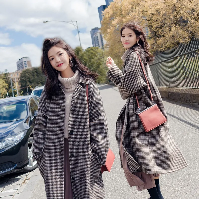 MORI Series Thousands of Birds Woolen Jacket Women's Long Autumn And Winter South Korea Loose-Fit College Style Plaid Woole