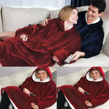 

Women Men Red Blue Fleece Hooded Blanket Sleepwear With Pocket Casual Holiday Robes Suit