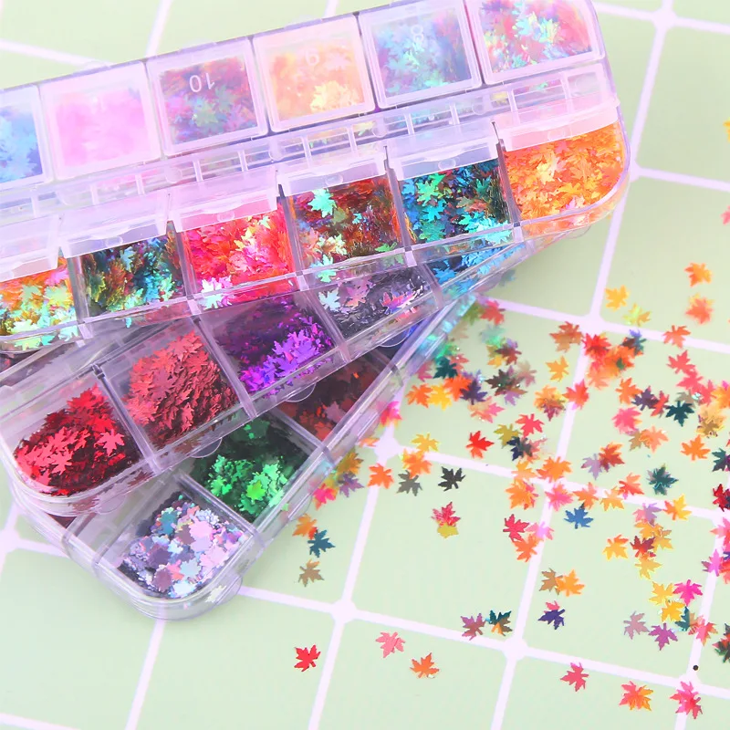 

1 Set 12 Grid Nail Sequins Maple Leaf Autumn 12 Color Symphony Laser Maple Leaf Nail Sequins Nails Glitter,GHHG8989-LKIO7898+65