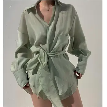 

Summer Long Sleeves Thin Loose Two Piece Set Button Women Solid Suit Sexy Casual Blouse And Shorts Matching Sets