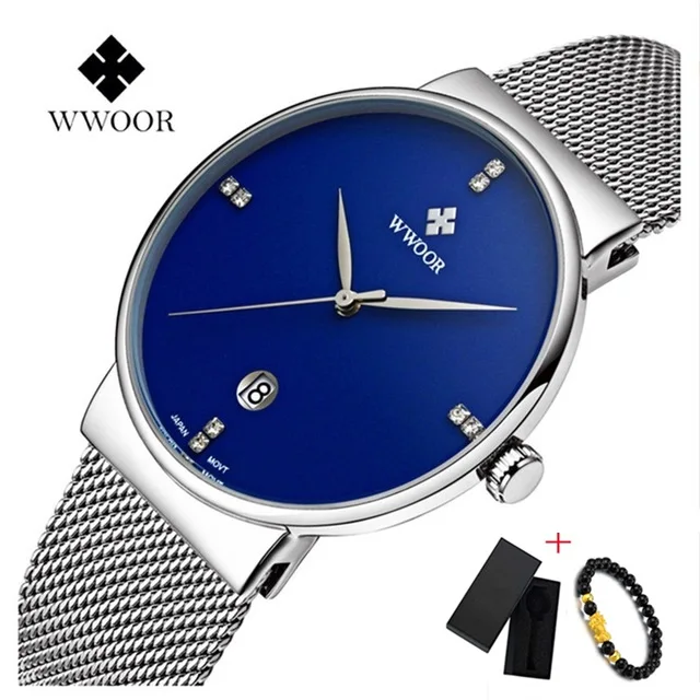 blue Бренд WWOOR часы для мужчин роскошные нержавеющая сталь водостойкие часы календари кварцевые наручные золотые часы мужской часы montre homme - Цвет: blue