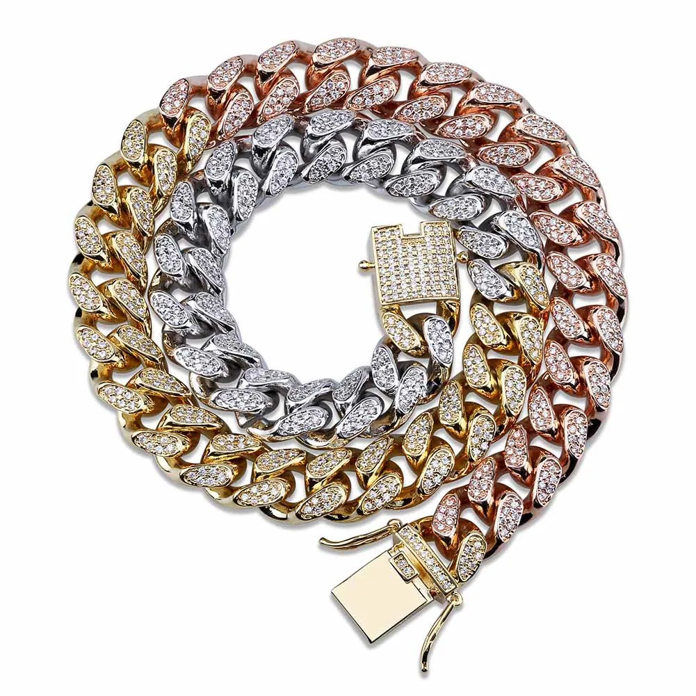 

Three Colors Ice Out Cuban Link Chain Necklace Paved Zircon For Men Rapper Gifts Drop Shipping