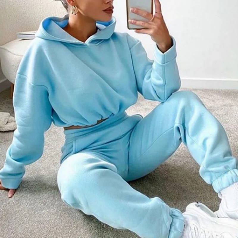 

Muyogrt Autumn Sping Two Piece Set Candy Color Women Hoodie Fleece Sweatshirt Crop Top & Pants Set Tracksuit Sport Jogging Suit