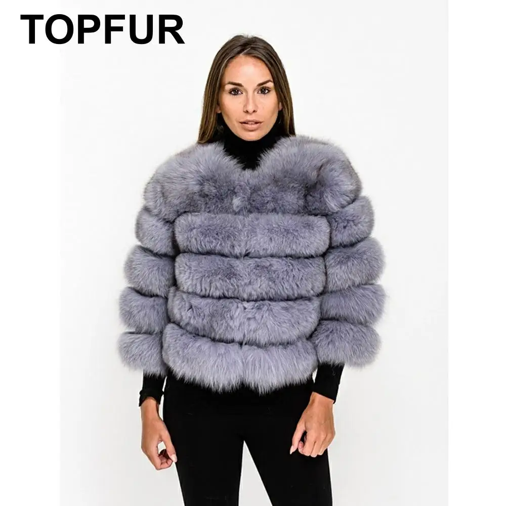 

TOPFUR 2019 Fashion Winter Real Fur Coat Women Natural Blue Fox Short Coat Leather Jacket Three Quarter Sleeves Manteau Femme