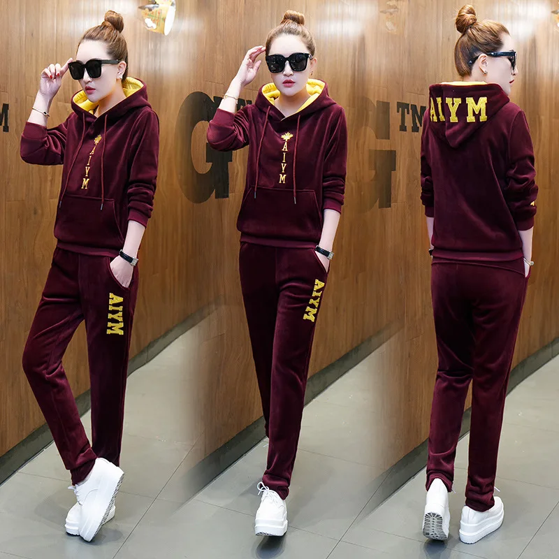 

Sports WOMEN'S Suit 2018 Spring And Autumn New Style Korean-style Pullover Gold Velvet Embroidered Fashion Casual Two-Piece Wome