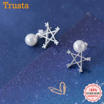 

Trusta 100% 925 Solid Real Sterling Silver Jewelry Hollow Star CZ Synthesis Pearl Stud Earring For Women Girl Fine DA001