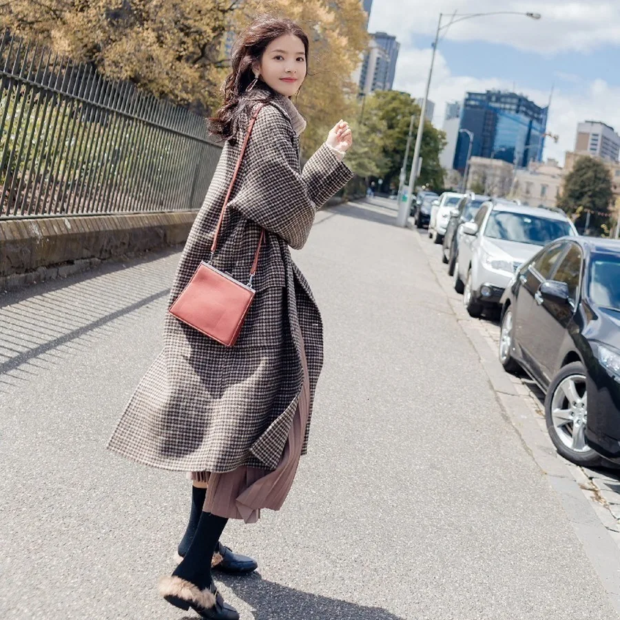 Плед Bovenkleding Herfst En зима ретро однобортный твид Gecontroleerd Jas Chic Revers Wollen Overjas Vrouwelijke |