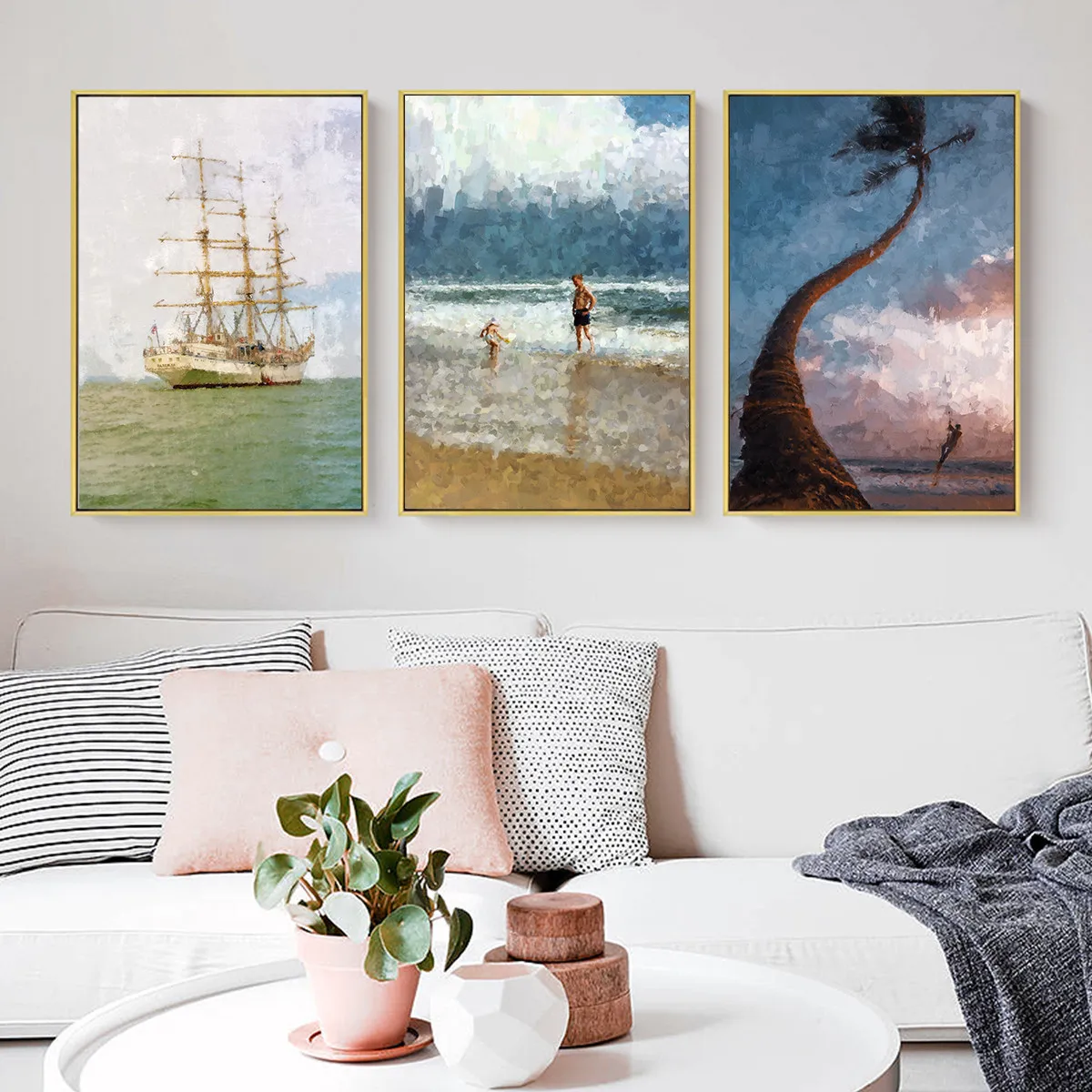 Sandy Beach Seaside Sailboat Oil Painting Hanging Picture Poster Canvas Print Wall Art Living Room Home Decoration | Дом и сад