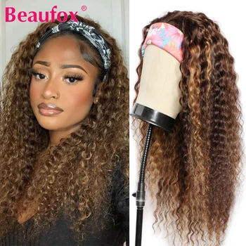 Beaufox Highlight Wig Headband Wig Human Hair Wigs For Women Deep Wave Brazilian Hair Wigs Brown Colored Curly Human Hair Wigs 1
