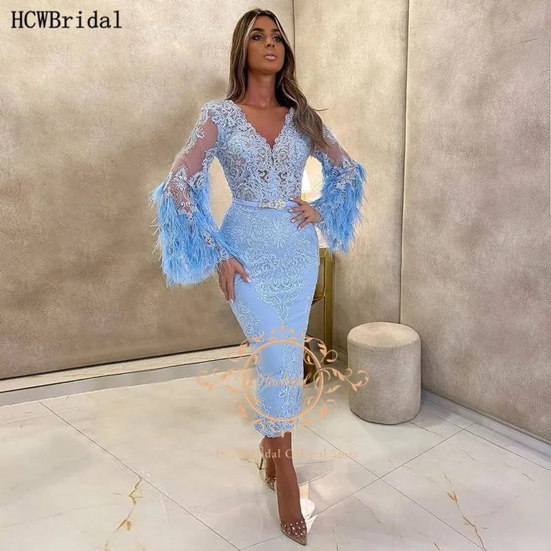 Short Mint Blue Prom Dresses 2021 Lace Feather Sheath Tea Length Formal Dress Long Sleeves Prom Gowns Robe De Soiree green prom dress Prom Dresses