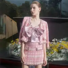 Autumn Pink Crop Top Skirt Tweed Two Pice Set Women Elegant Designer Crystal Beaded Plaid SHort Jacket + A Line Mini Skirt Sets