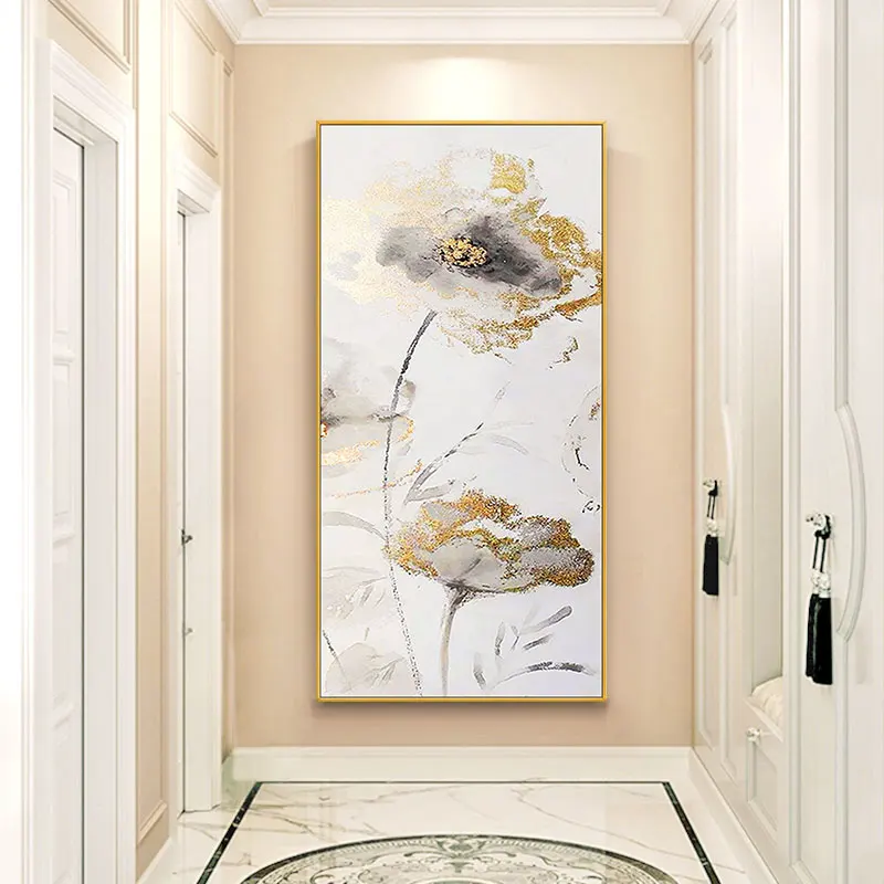 

Hand painted oil painting golden lotus door entrance porch decorative painting modern american vertical version end of corridor