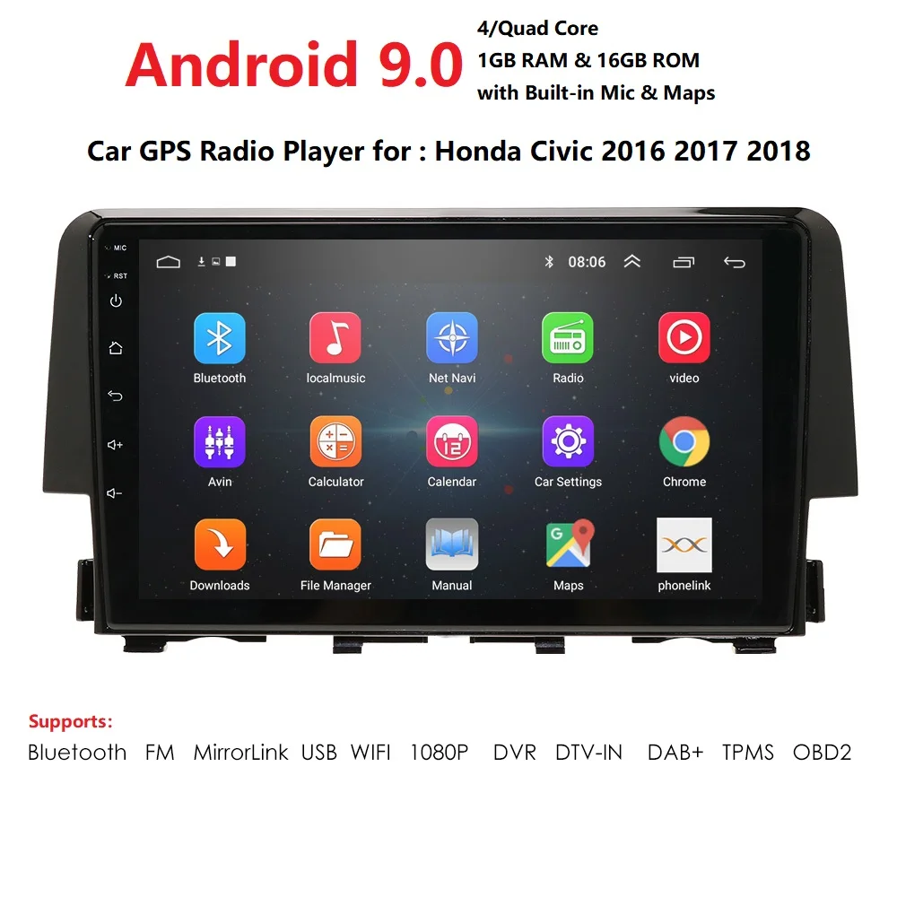Sale Ossuret Car Multimedia Player Quad Core Radio For Honda Civic 2016 2017 2018 Android 9.0 USB BT PC SWC 4G WIFI Bluetooth SWC DAB 1
