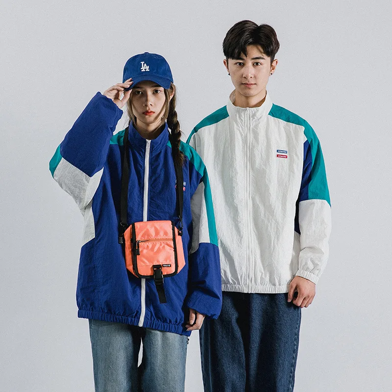 

2019 Autumn New Style Japanese-style Couple Clothes Coat Men's Stand Collar Joint Contrast Color Loose-Fit Sports Jacket MEN'S T