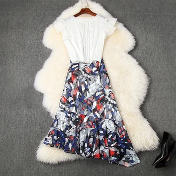 

Seifrman Women Fashion Autumn Designer 2 Pieces Set Ruffles Chiffon Tops + High Waist Printed Midi Skirts Two Pieces Suits 2020