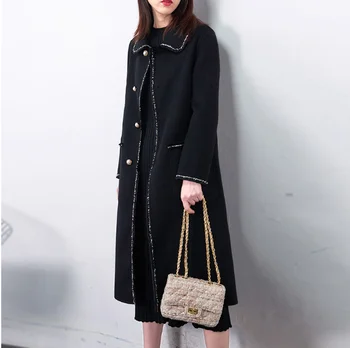 

Fleece double-faced woolen jacket pearl black 2020 new knee length long double-sided wool coat women