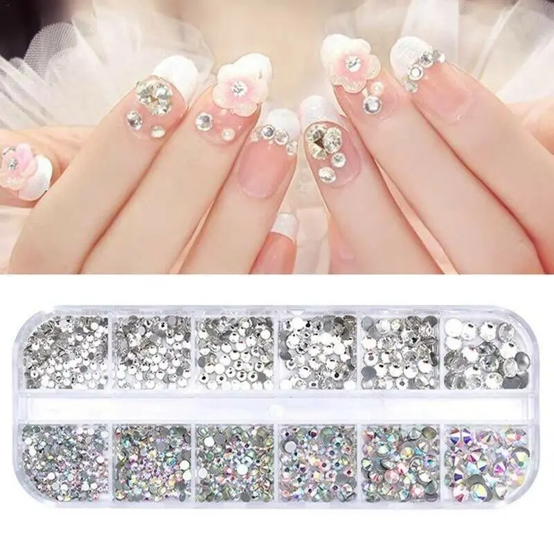 

12 Grids/Box Nail Rhinestones Colorful Crystal Acrylic Nail Stones Flat Back Shiny DIY Tips 3D Nails Art Decorations Gems