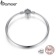 BAMOER Authentic 925 Sterling Silver Snake Chain Bangle& Bracelet Pave Star Cubic Zirconia CZ Jewelry PAB001
