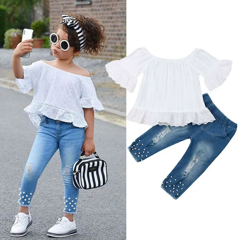 Ensemble de vêtements pour petites filles | T-shirt blancs et pantalons longs en Denim, ensembles en Jeans pour enfants de 1 à 6 ans