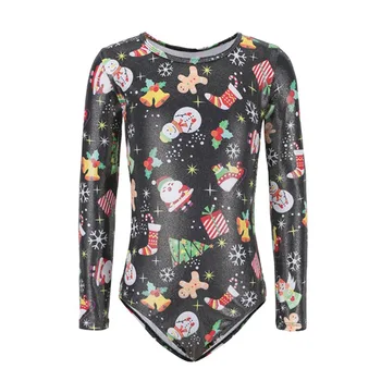 

Children Gril Long Sleeve Christmas Printed Pattern Bodysuit Ballet Gymnastics Leotard Dance Practice Clothes