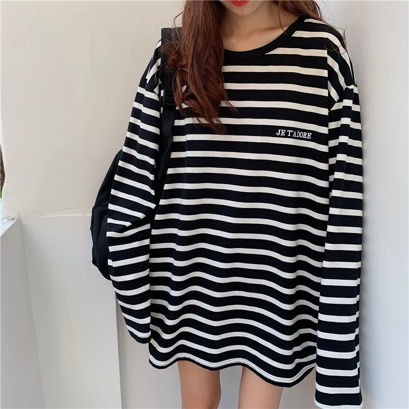 

Harajuku Loose Oversized Striped T Shirt Women Long Sleeve Female T-shirts Hip Hop Streetwear Tops Plus Size