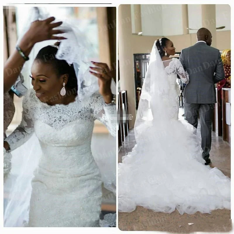 

African Mermaid Wedding Gowns 2021 Vestido De Noiva Black Girl Women Long Sleeve Lace Bridal Dresses Custom Made