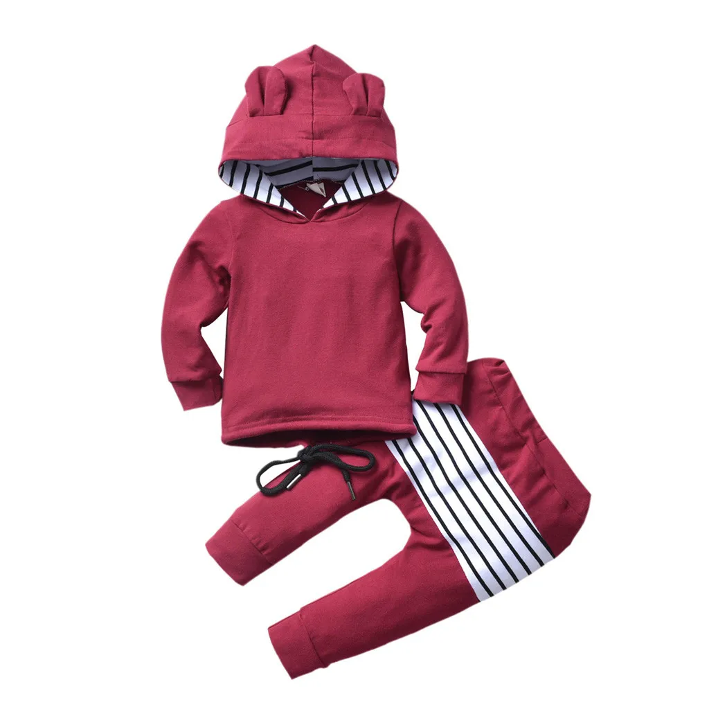 Winter Toddler Boy Clothes Cute Hooded Ears Sweatshirt+Stripe Pants Outfits Clothes Boutique Kids Clothing Cotton roupa infantil - Цвет: Красный