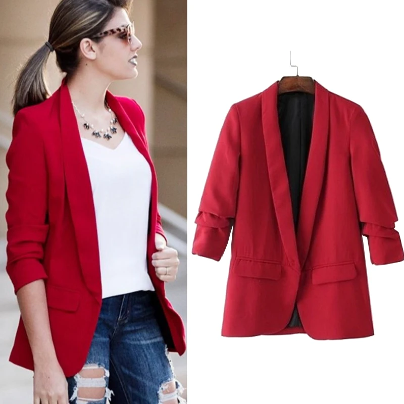Spring Autumn Red Jacket Blazer Women Folded Sleeve Notched Office Lady Suit Coat Female Solid Casual Outerwear Women Coat Red