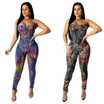 

Casual Print Women Denim Jumpsuits Spaghetti Strap Graffiti Denim Bodysuits Off the Shoulder Skinny Denim Jumpsuit