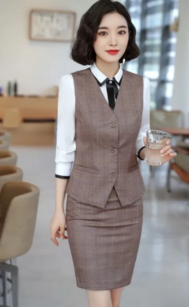 Khaki vest and skirt Naviu Элегантный и модный профессиональный клетчатый жилет с v-образным вырезом, деловые формальные тонкие Топы для женщин, жилет для офиса, Женская рабочая одежда - Цвет: Khaki vest and skirt