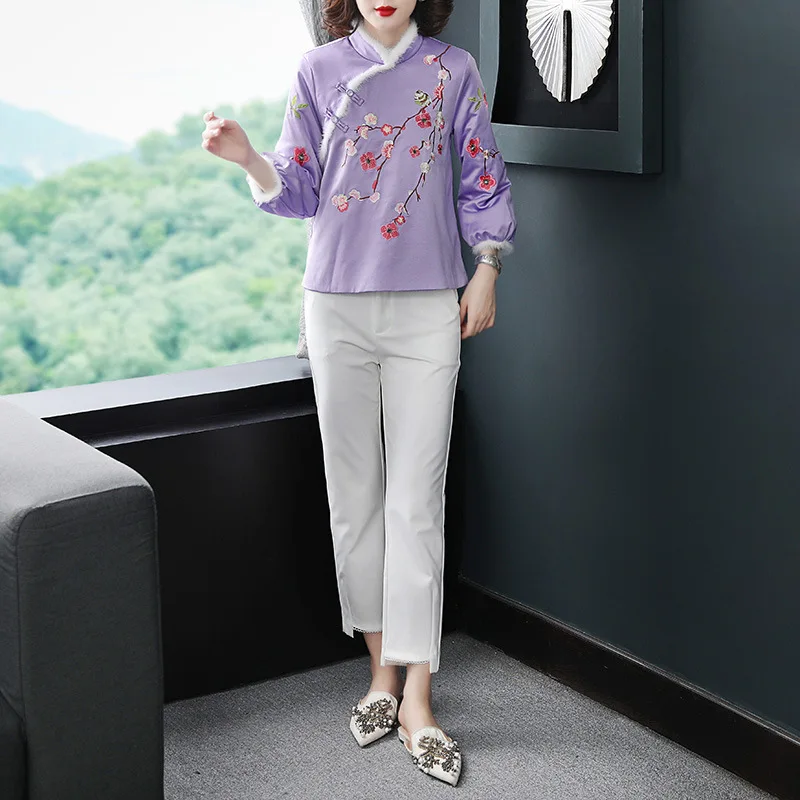 

2019 Autumn And Winter New Style Chinese-style Improved Cheongsam Tops Chinese Style Floral-Print Embroidered WOMEN'S Dress Coll