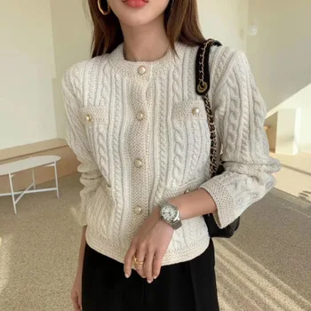 

Vintage Coarse Wool Cardigan Sweater Short Women Small Fragrance Temperament O-neck Slim Pearl Button Twist Sweater For Women