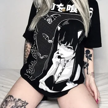 

Anime Cartoon Printed Long T-shirt Female Dark Black Harajuku Women Girls Gothic Punk Rock Streetwear Loose T Shirts Tops Tees