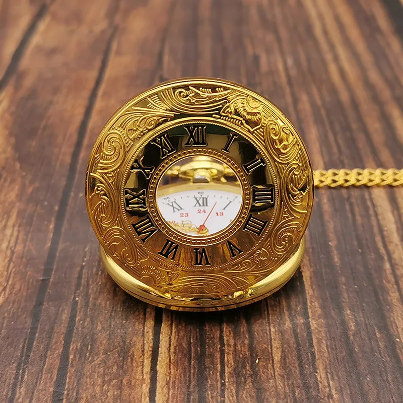 Luxury Gold Steampunk Quartz Pocke Watch Roman Number Pendant Necklace Men Fob Watch Chain Clock CF1348