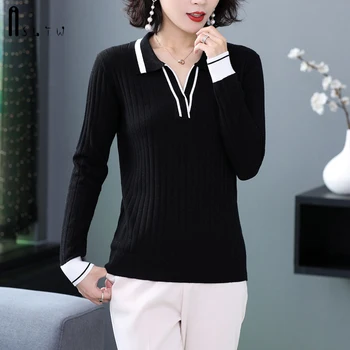 

ASLTW Lapel Pullover Sweater Woman Autumn Winter Fashion Patchwork Jumper Long Sleeve Top Pull Femme Ol Wool Women Sweater