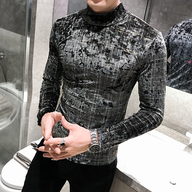 

New Velour Men T-shirts Luxury Plaid Long Sleeve Half Turtleneck Mens T-shirts High Quality Slim Fit Velvet Male T-shrits