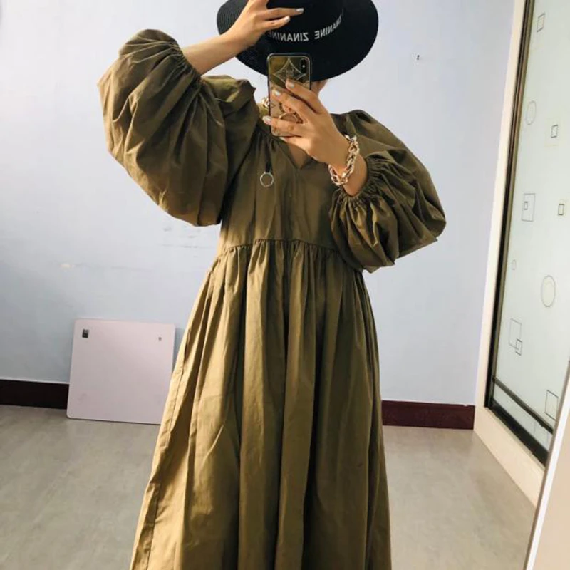 [EAM] Women Khaki Pleated Big Size Long Dress New