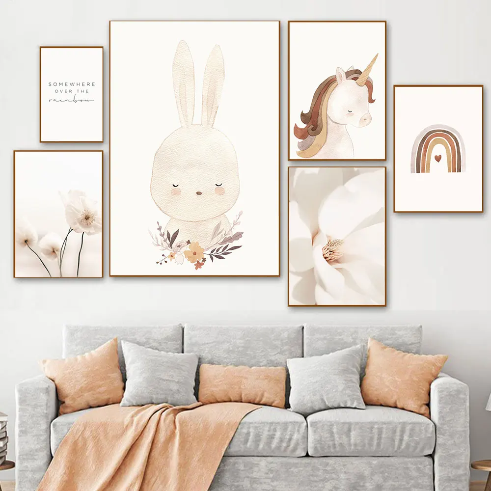 Цветок Радуга настенный постер кролик Картина на холсте Женская картина в стиле