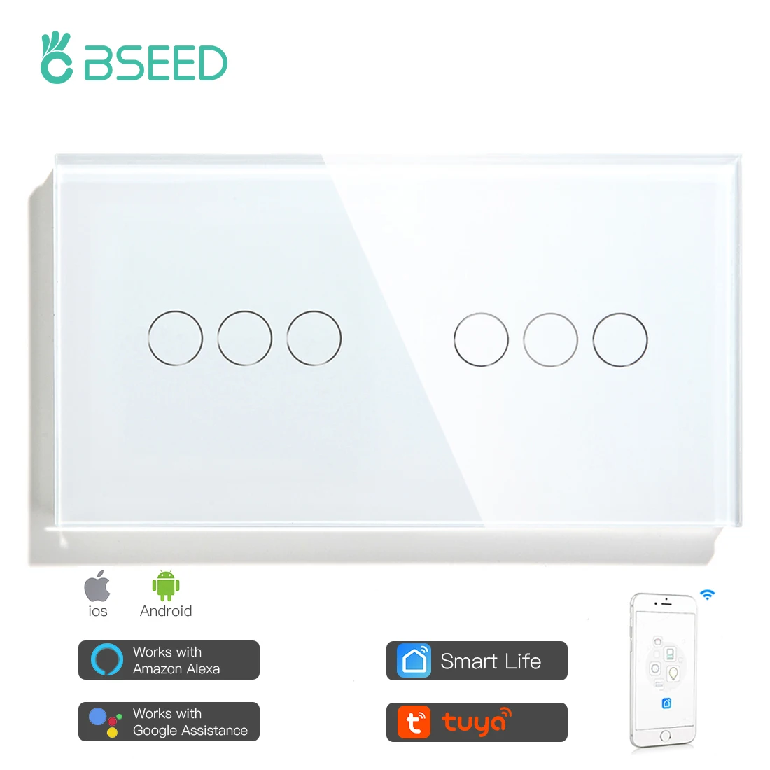 Bseed 6 Gang 1/2/3way Wifi Control Double Light Switch Touch Switch Wall Switch 3 Color Crystal Class Panel Fashion Smart Switch