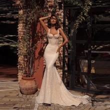 

Thinyfull Sparkly Long Boho Wedding Dresses Mermaid Sparkly Sequines Princess Beach Bridal Gowns Sleeveless Country Bride Dress