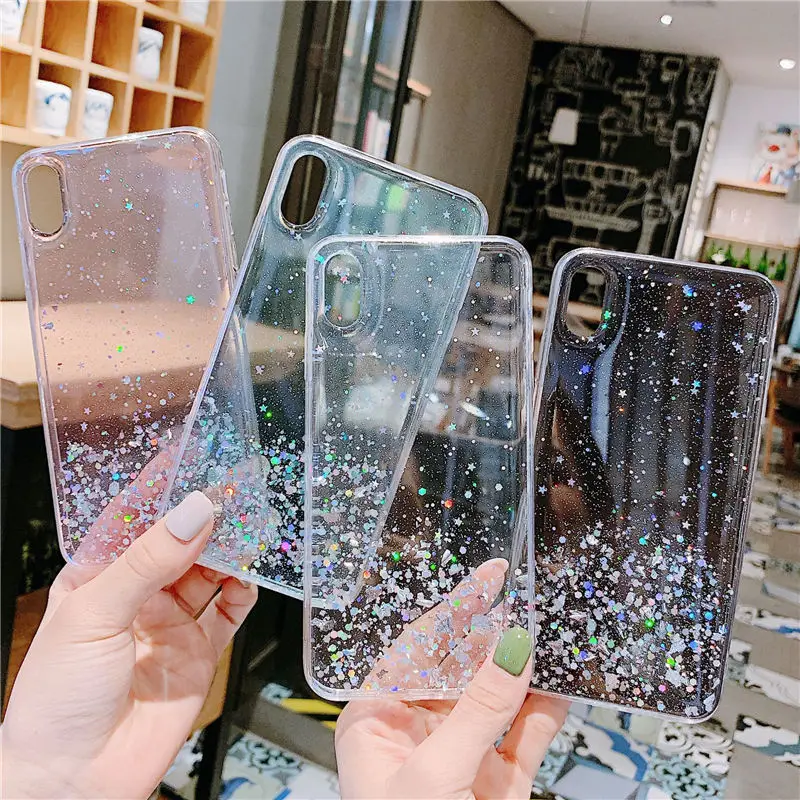

Glitter Bling Sequins Case For iphone 8 7 Plus 6 6s Epoxy Star Transparent Case For iphone X XR XS MAX 10 Soft TPU Cover
