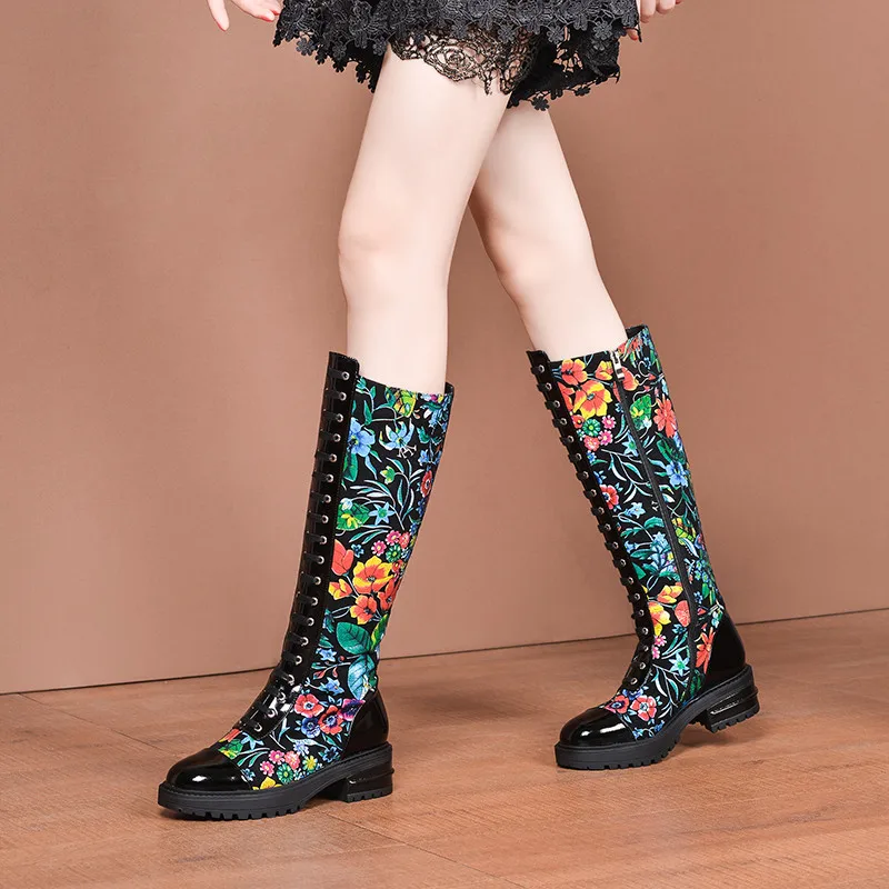 MORAZORA/ г., теплые зимние сапоги до колена обувь на среднем каблуке с круглым носком Модные женские сапоги из натуральной кожи с цветочным принтом