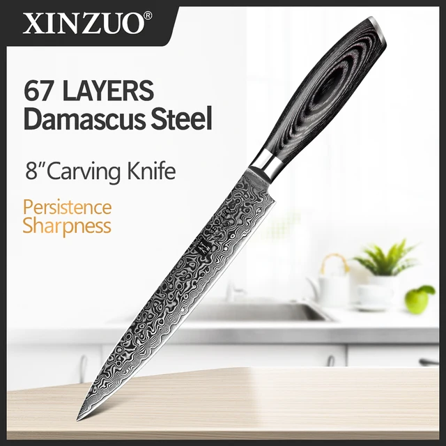 Xinzuo 8 "Cleaver Kés Kínai Damaszkusz Rozsdamentes Acél Konyhai Multi Főző Szerszámok Hús Sashimi Kések Pakka Fa Fogantyú