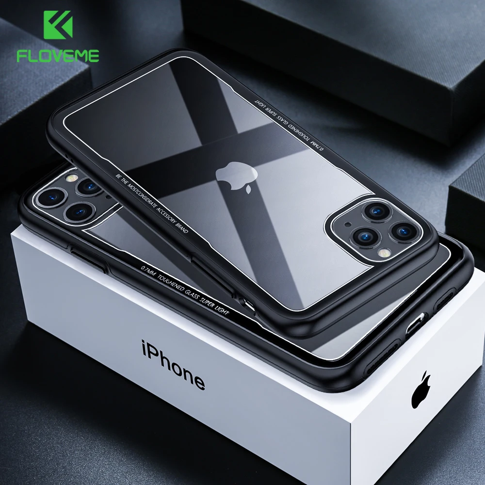 FLOVEME Tempered Glass Silicon Edge Case For iPhone XR X XS Max 11 Pro Soft Protective Cover 6 6S 7 8 Plus |