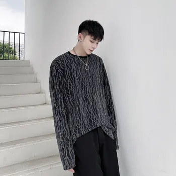 

Male Streetwear Vintage Fashion Loose Tee Shirt Stage Clothing Men Bright Silk Thread Water Ripple Long Sleeve T-shirt