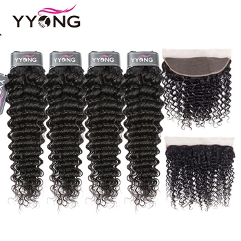Yyong Hair 3/4 Brazilian Deep Wave Bundles With Frontal 100% Remy Human Hair Weave Bundles With 13x4 Lace Frontal Can Be Dyed 1