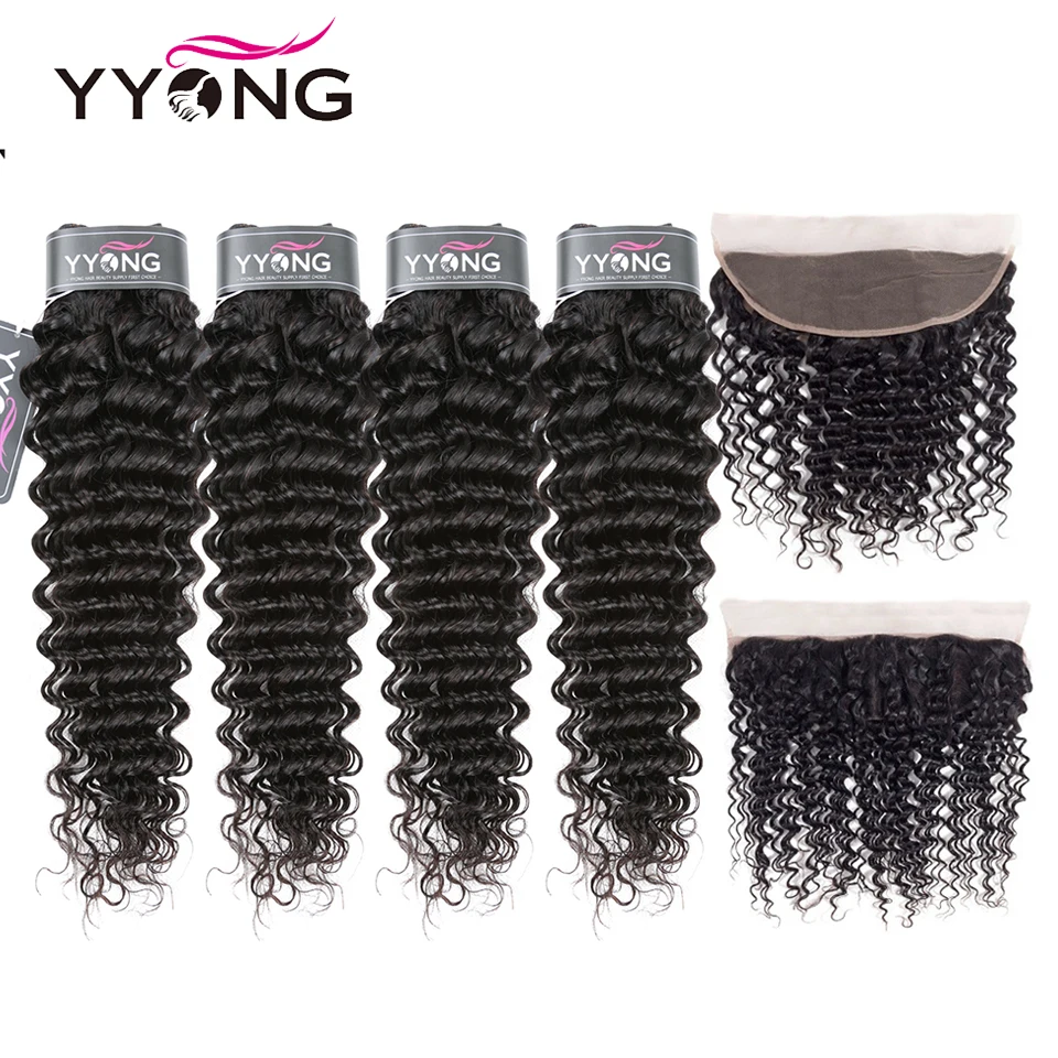 Yyong Hair 3 4 Brazilian Deep Wave Bundles With Frontal 100 Remy