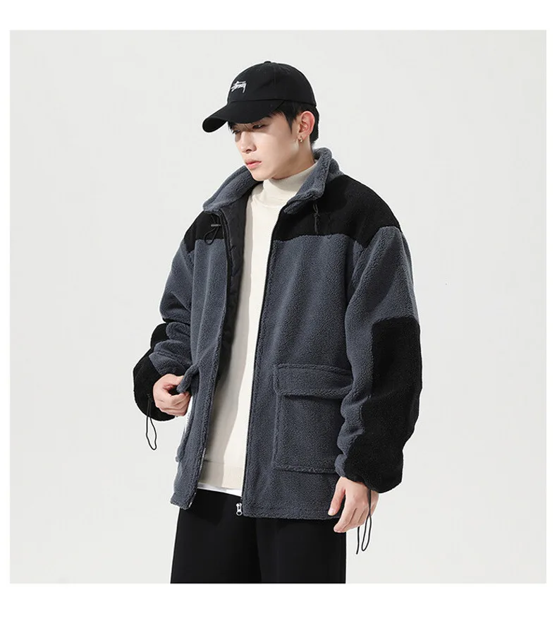 Winter 2021 Men's Imitation Lambs Wool-like Warm Jacket Korea Leisure Loose Coat Male Adolescents Colorant Match Color Clothes leather jacket for men