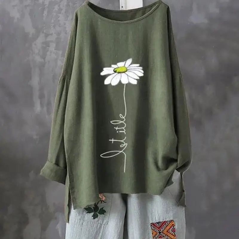 

Women Casual Print T-shirt Female Joker Knitting Large Size Floral printed Long Sleeve Irregular Loose plus autumn shirt Tops x